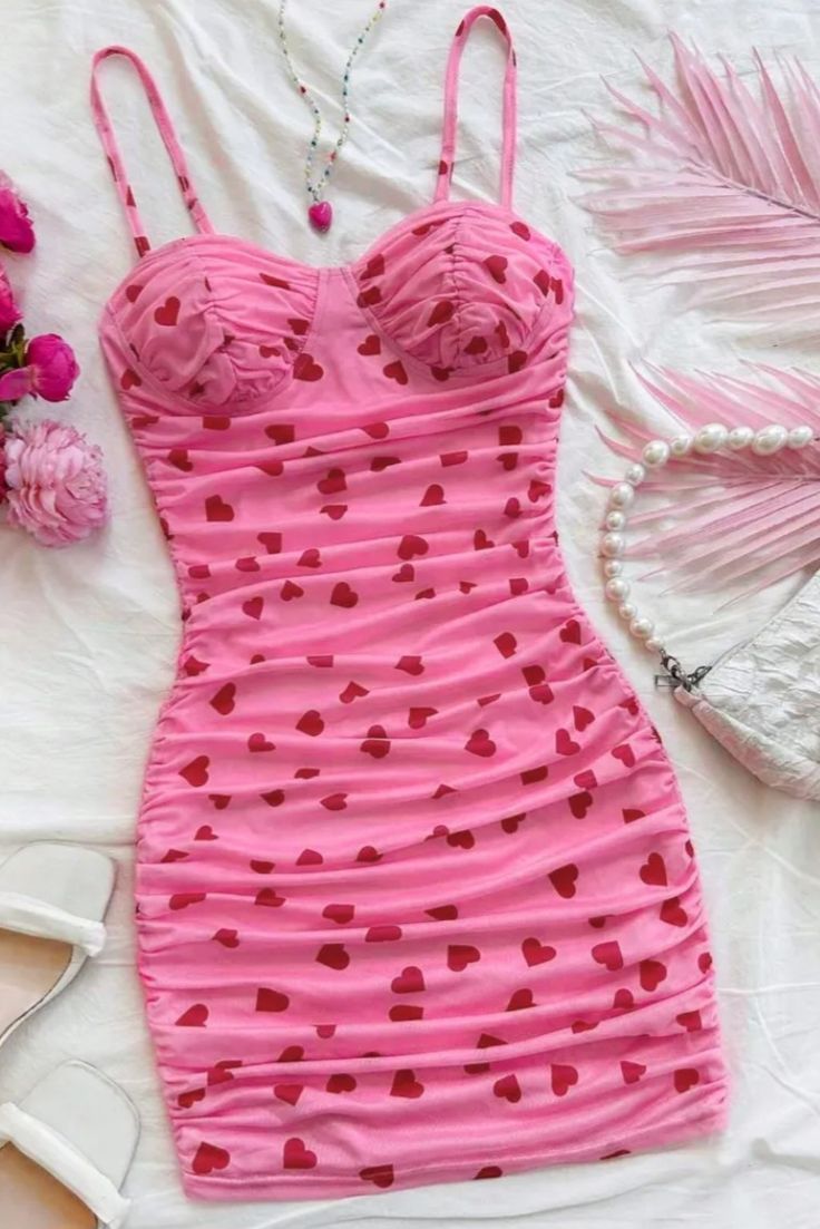 Pink suspenders waist slim pleated short skirt homecoming dress R3229