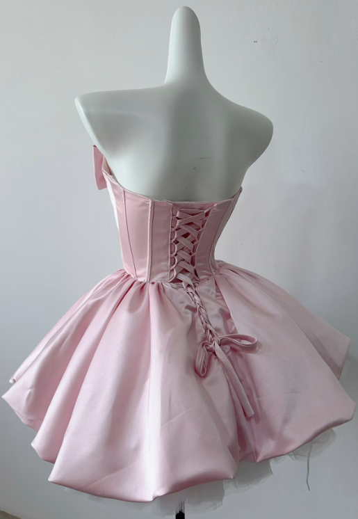 Cute Blush Pink A-Line Bow-Strapless Bodycon Mini Birthday Dress Homecoming Dress RS360