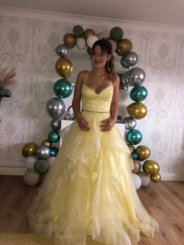 Sparkly Tulle Layered Women's Prom Gown Yellow Waist Fitted Maxi Evening Dress Birthday Dress — Fall Outfit 2026 New RS3301