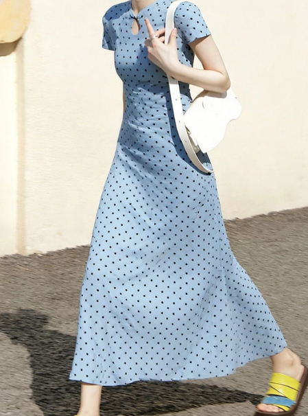 Retro Blue A-Line High Collar Polka Dots Maxi Women Dress RS527