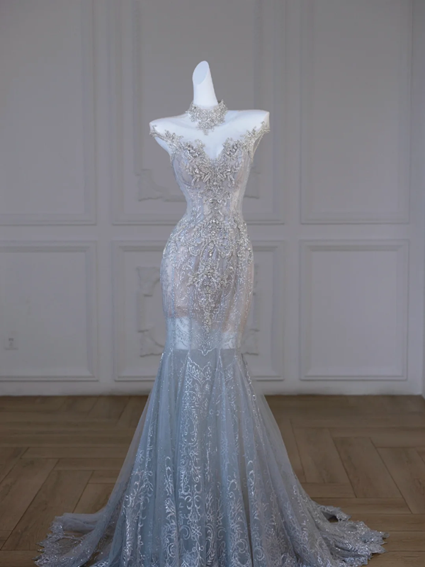 Silver diamond waist slim sexy blue hip fishtail skirt long dress bridal dress R5847