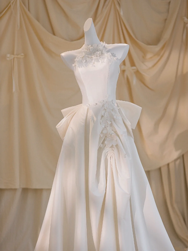 White halterneck slim waist elegant long dress bridal gown R5772