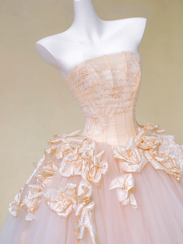 Pink tube top waist slim fit three-dimensional flower puffy tulle long dress bridal dress R5732