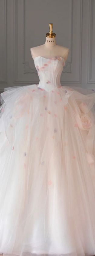 White tube top slim waist pink floral elegant princess ball gown bridal gown R5885