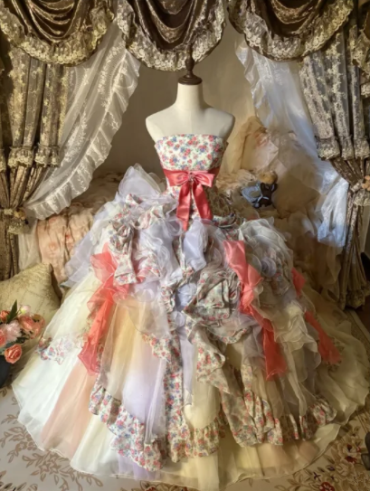 Soft floral print strapless waist-cinching princess skirt long ball gown R6485