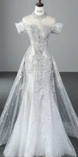 White rhinestone off-shoulder fitted mermaid skirt ball gown R6443