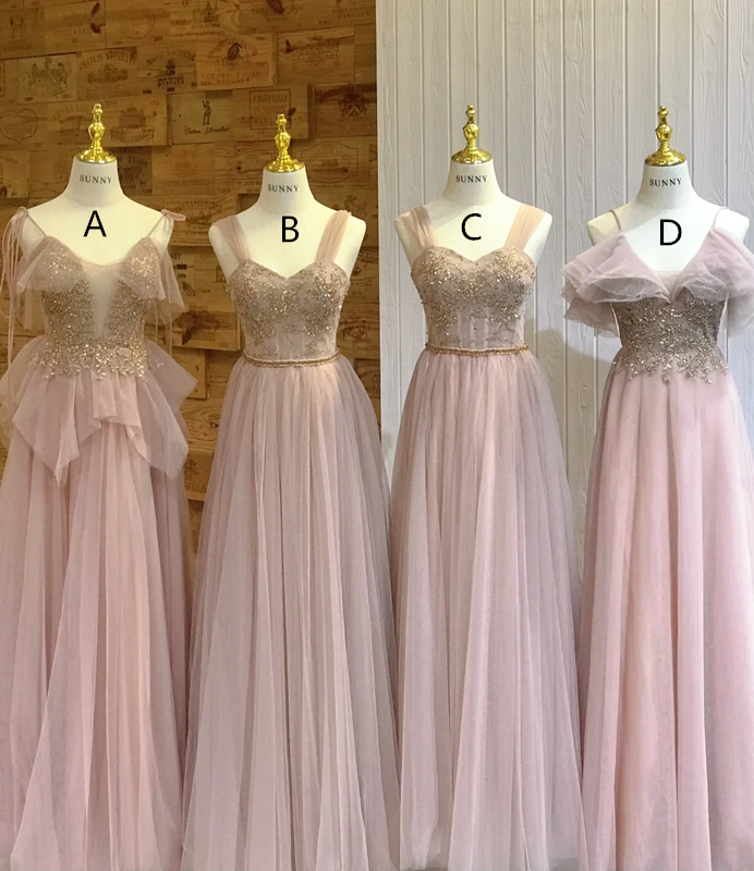 Pink sequined waist-cinched, slim-fit chiffon-skirt ball gown, bridesmaid dress R5966