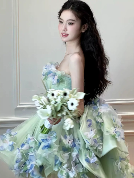 Dreamy Mint Green Tulle Floral Strapless A-Line Short Prom Dress Birthday Dress RS2957