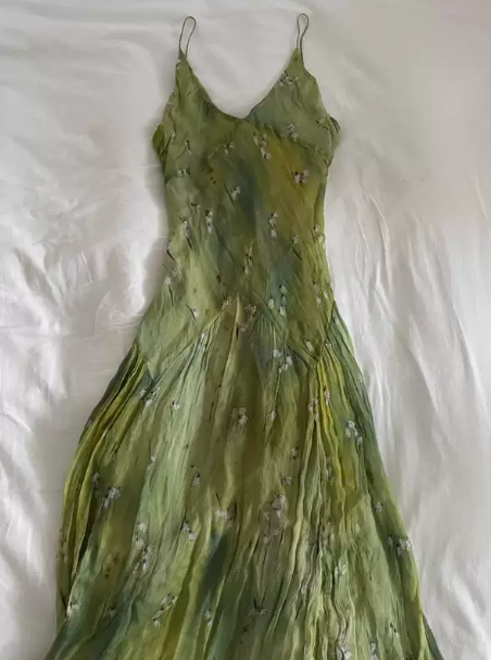 Casual Bud Green A-Line Spaghetti Straps Applique Corset Maxi Prom Dress Summer Dress RS540