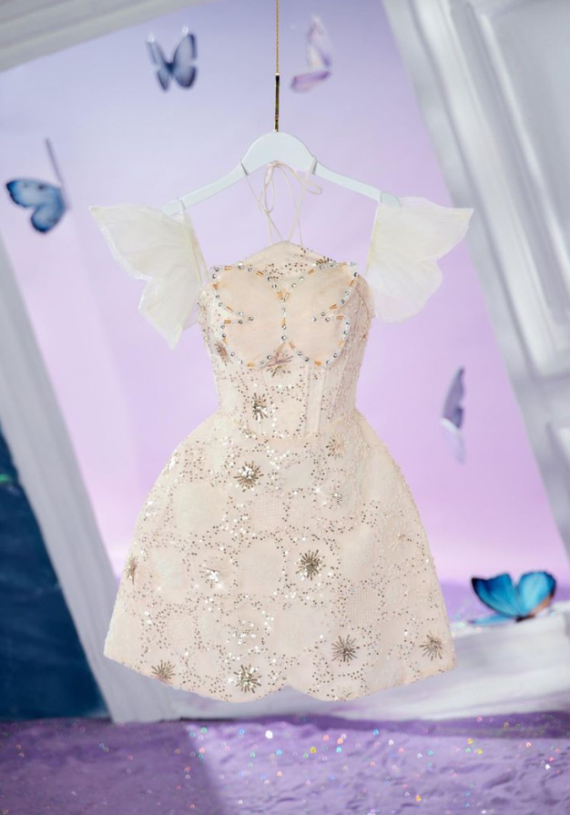 Light pink suspenders butterfly-shaped waist slimming A-line princess skirt homecoming dress R3367