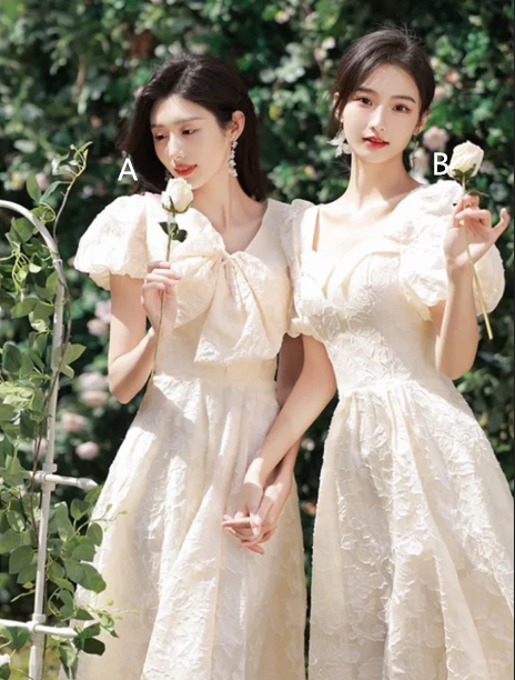 Apricot puff sleeve slim waist elegant ball gown, bridesmaid dress R6005