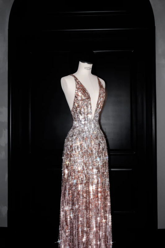 Pink sequined suspenders deep V sexy waist slim long skirt, prom dress R5690