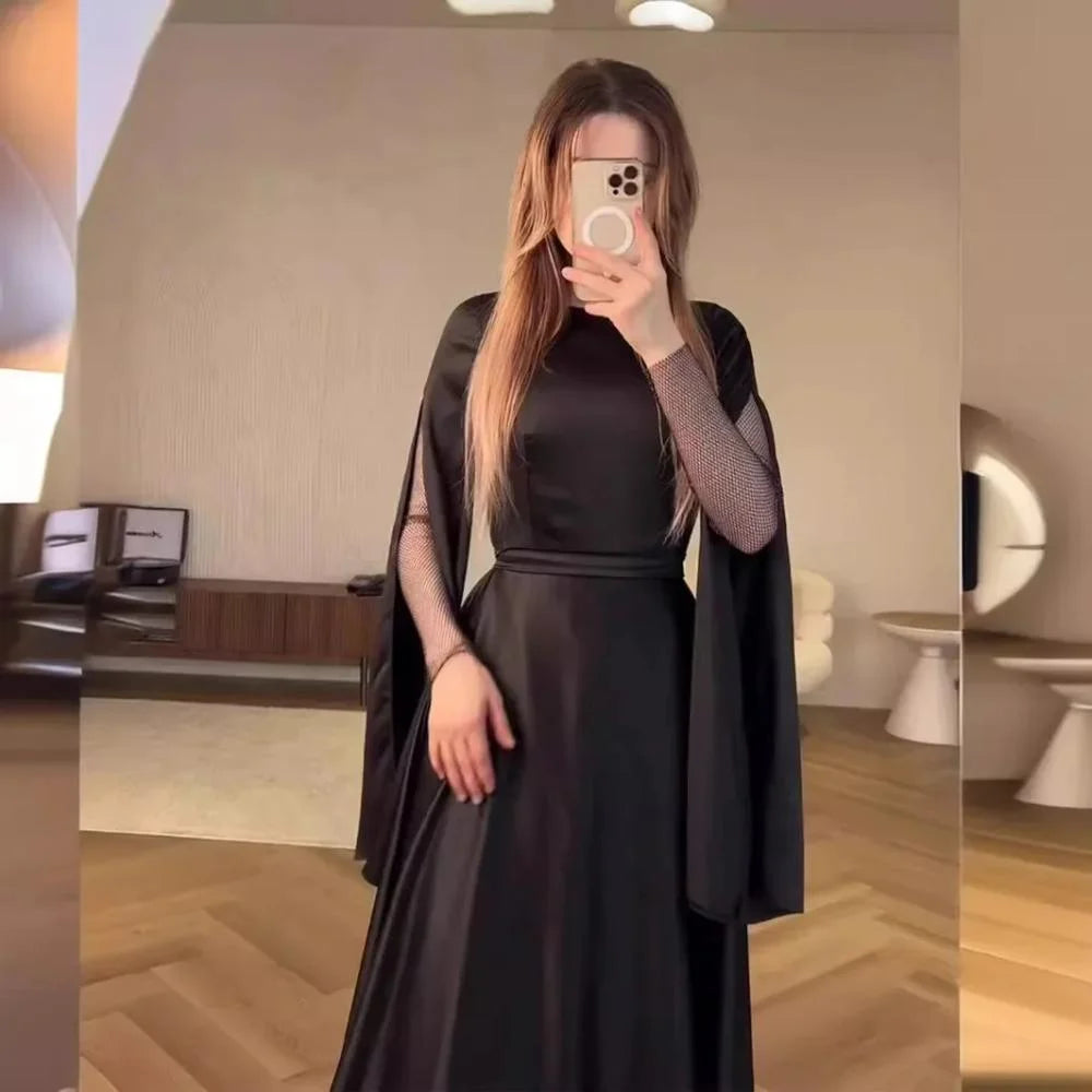 Fashion Elegant Black Long Sleeve Dress A-line Evening Prom Dress S6758