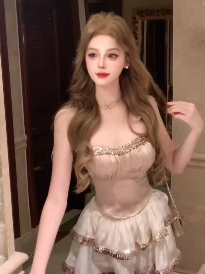 Sequined short camisole top 2025 pure desire puffy skirt suit R1216