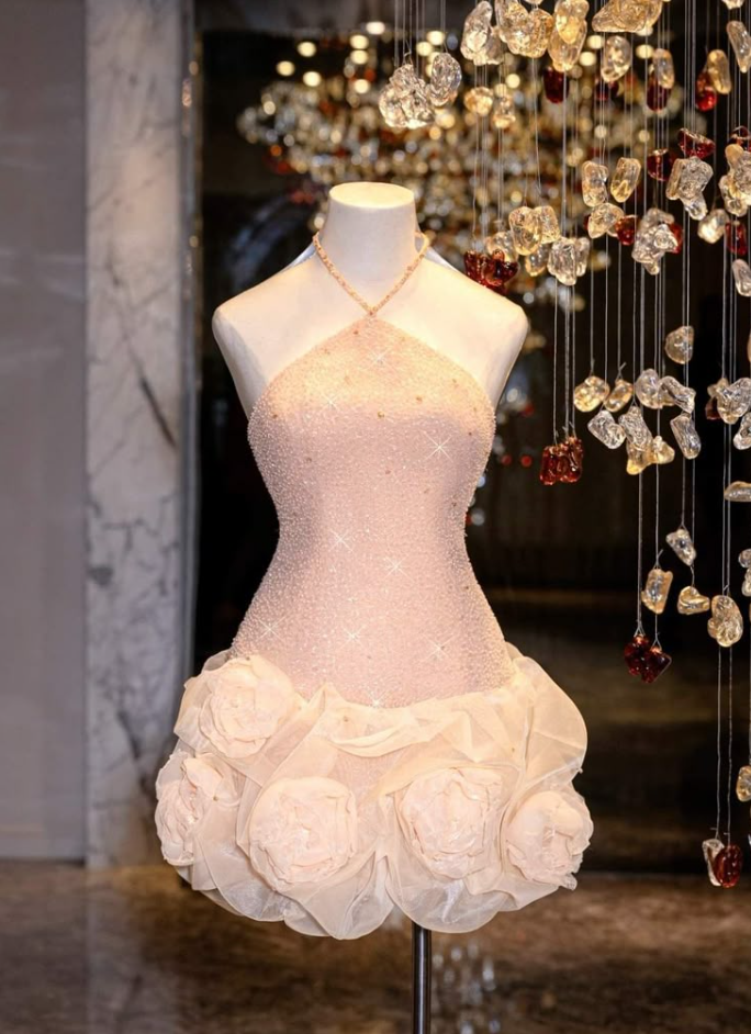 Pink halter neck sling slim A-line flower bud skirt princess skirt homecoming dress R3370