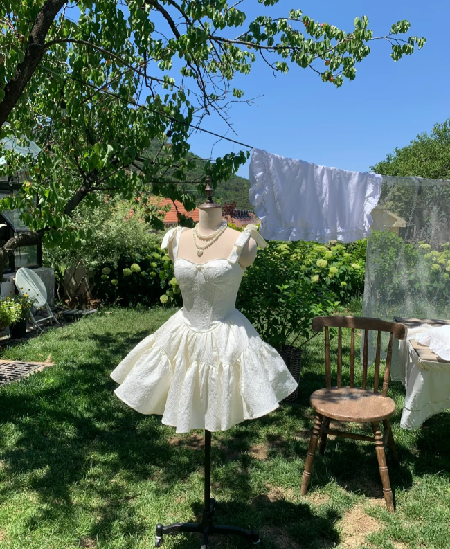 White suspender tie waist puffy skirt short skirt homecoming dress R4160