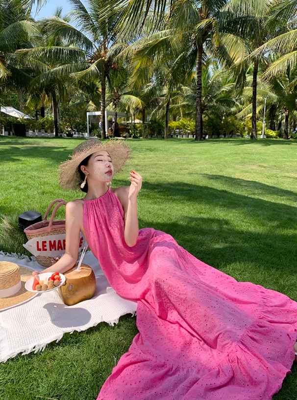 French lace hollow rose red sleeveless halter neck temperament long dress holiday style dress R0198