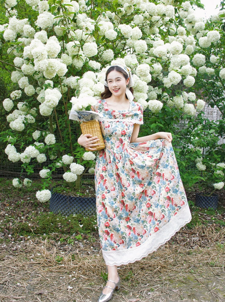 Retro Floal A-Line Square Lace Hem Corset Maxi Summer Dress Prom Dress RS560