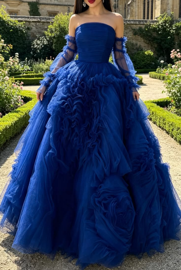 Tulle High End Corset Prom Gown , Navy Handmade Floral Women's Maxi Evening Dress Ball Gown RS2589