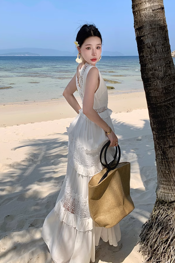 White heavy hollow lace cake dress female holiday style seaside fairy long skirt R0194