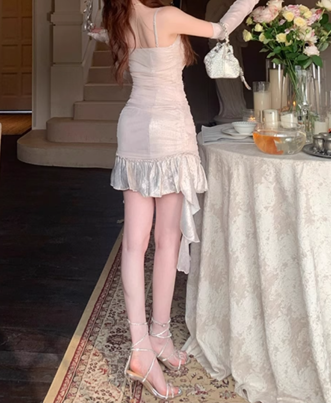 Pure desire style pink and purple hollow sling dress 2025 large size hip-wrapped ribbon skirt R1225