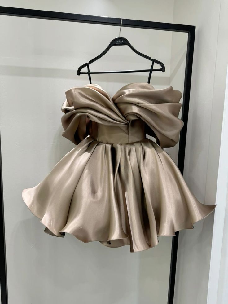 Gray brown one-shoulder high-end satin gentle waist puffy skirt short skirt homecoming dress R4100