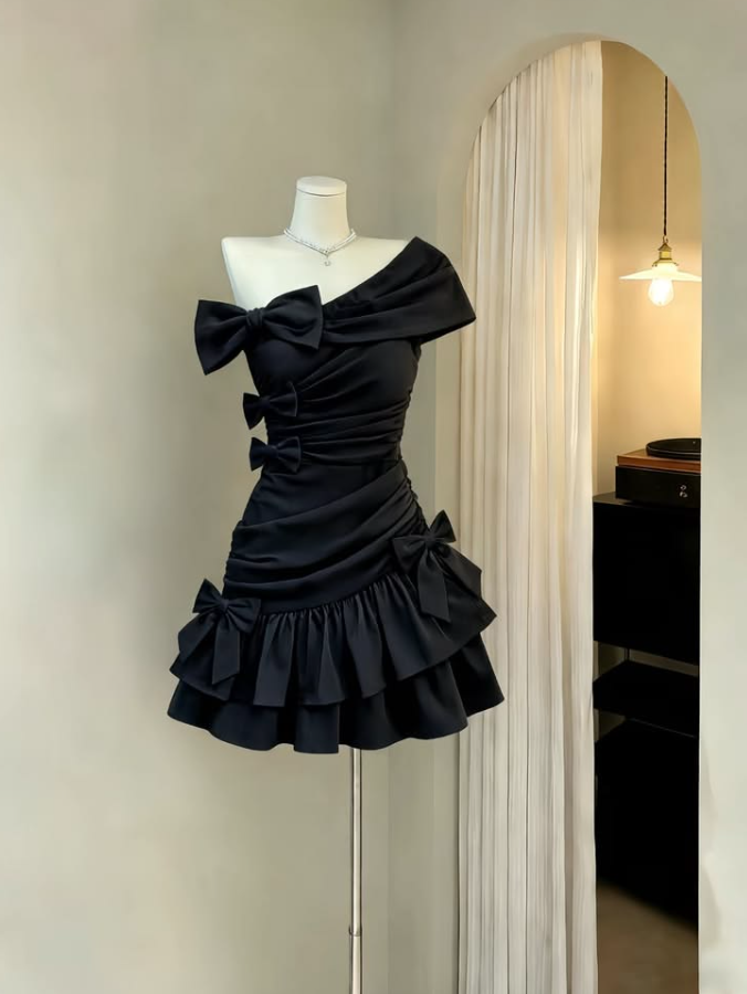 Tiered One-shoulder Women's Homecoming Dress Black Corset Short Prom Dress Party Dress RS2446