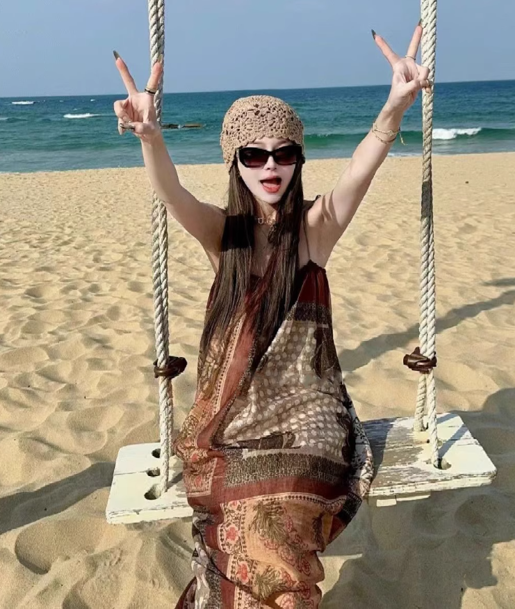 Travel wear retro ethnic style Bohemian suspender dress seaside beach dress R1623