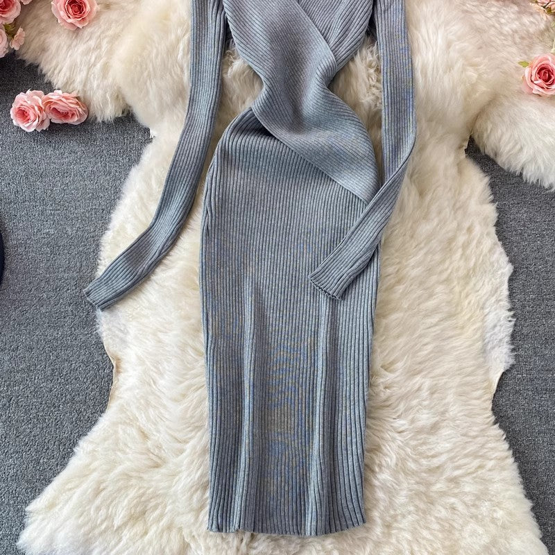 sexy deep V-neck knitted dress mid-length skirt S3954