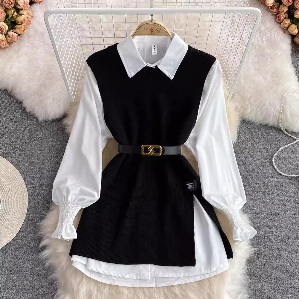 lantern sleeve white shirt sweater two-piece set S3978