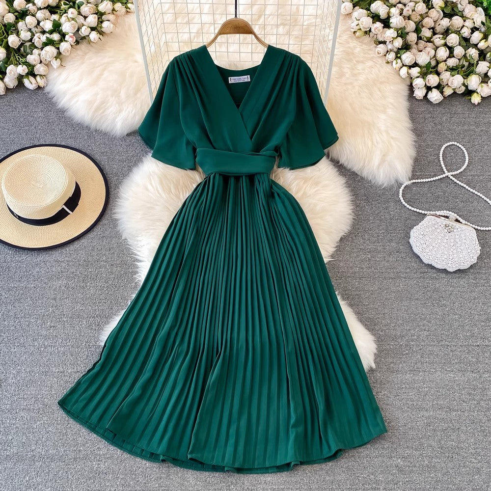 V-neck short-sleeved dress pleated long skirt S4030