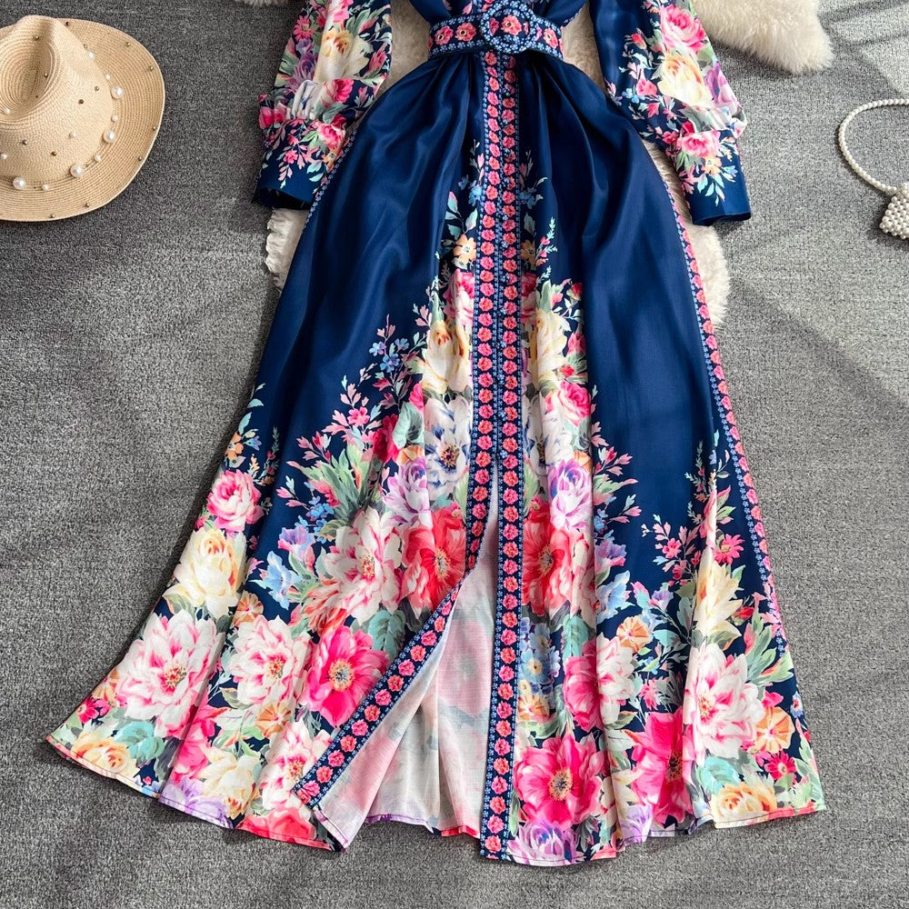 Retro lantern sleeves a-line printed dress elegant dress long skirt S3935