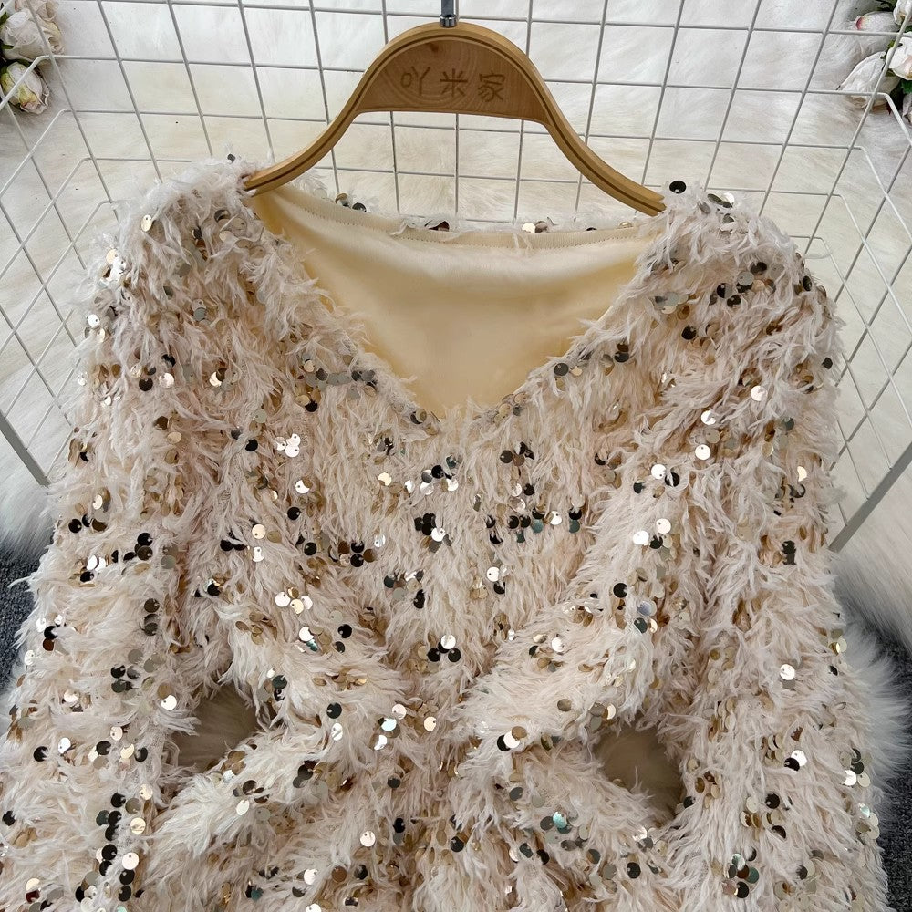 long-sleeved V-neck A-line sparkling sequined furry dress for women S4336