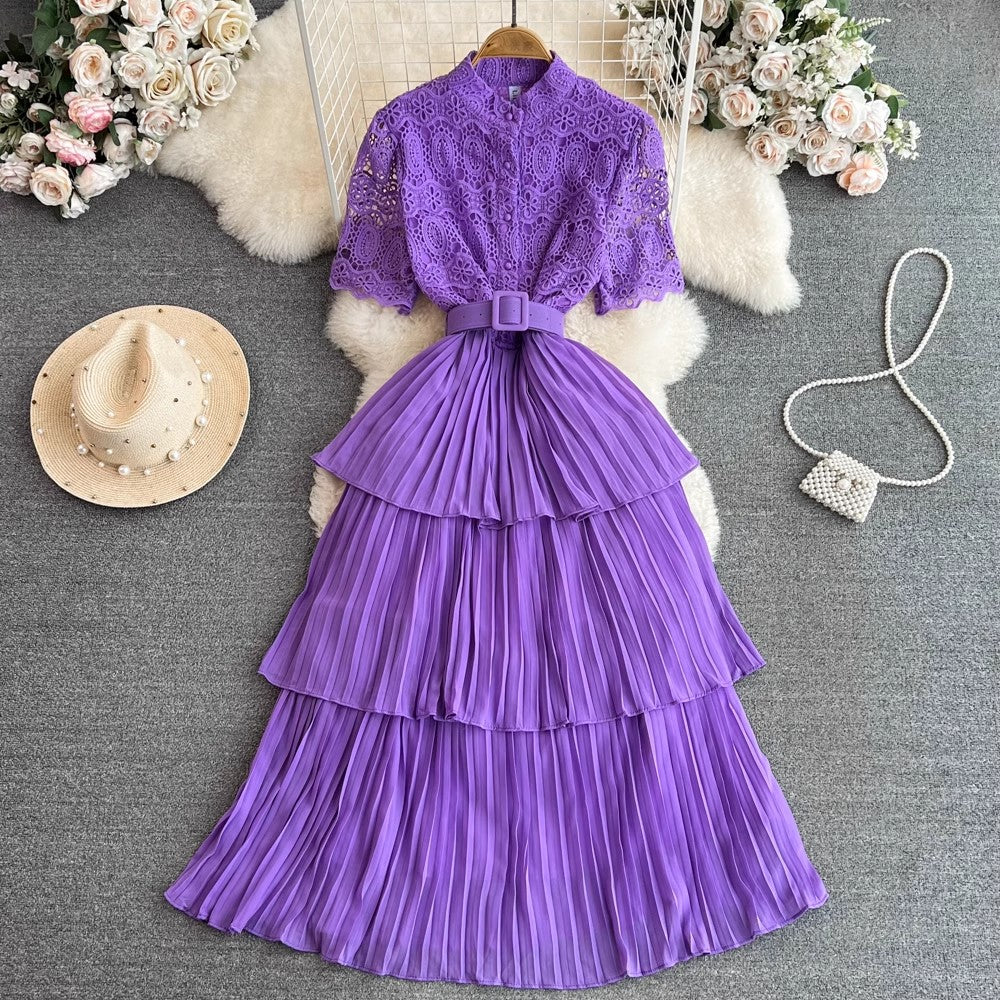 short-sleeved lace A-line pleated dress S3963