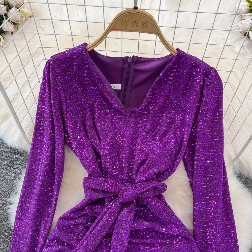 Fashionable long-sleeved V-neck A-line elegant long dress S3966