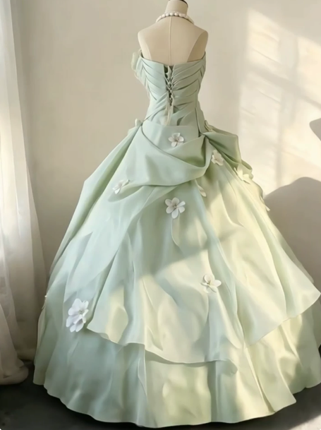 French Chic Soft Green Ball Gown Strapless Applique Corset Maxi Evening Dress Prom Dress RS590
