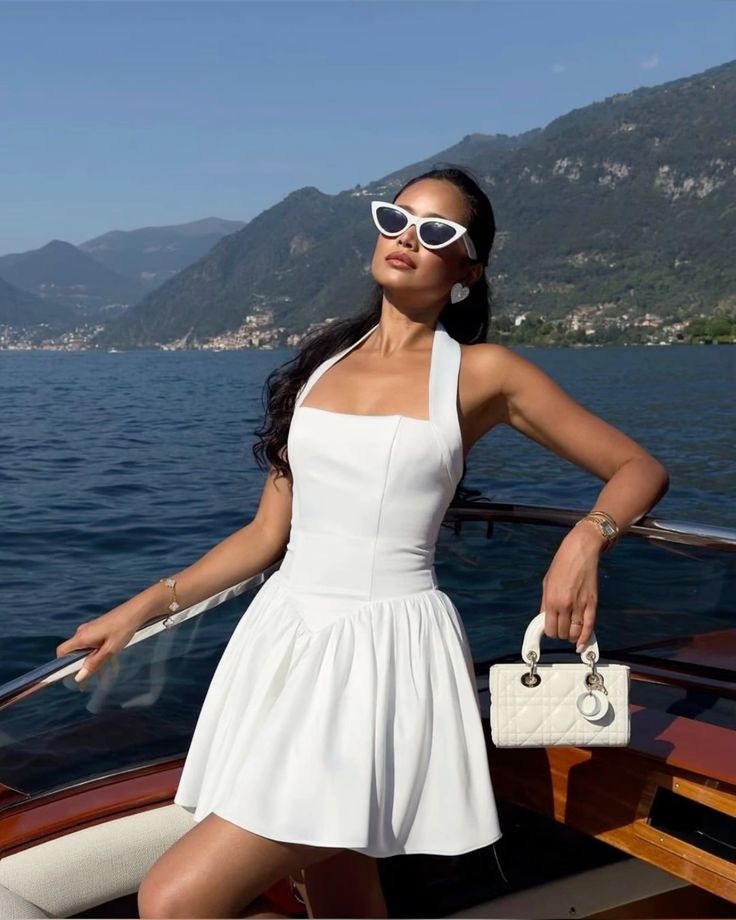 White halter neck slim A-line homecoming dress R2455