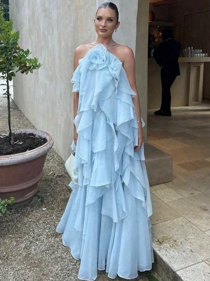 Casual Blue Ruffled Halter Tulle Maxi Summer Dress Resort Dress RS594