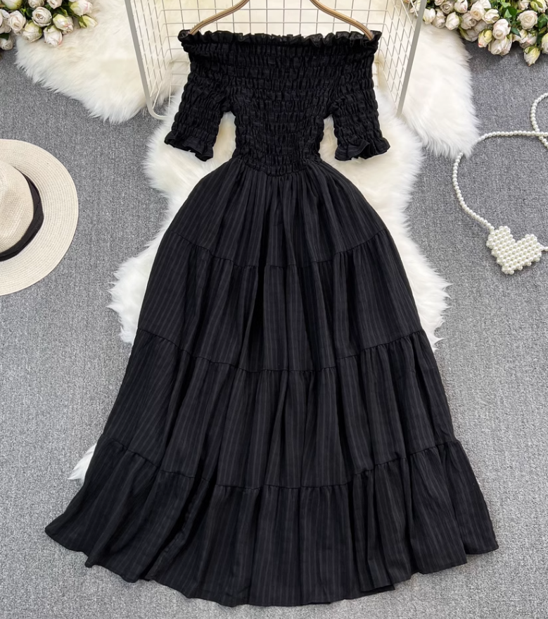 Gentle style, super fairy, one shoulder, off-shoulder, waist, slim, A-line dress, seaside holiday, long skirt R0372