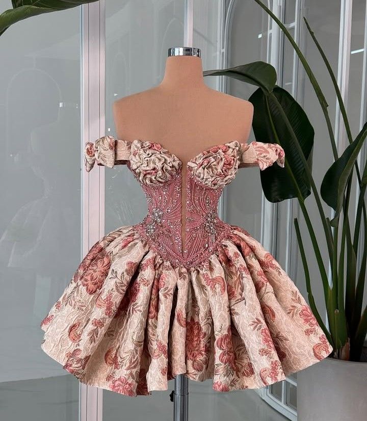 Retro champagne pink floral one-shoulder waist slim short skirt homecoming dress R3505
