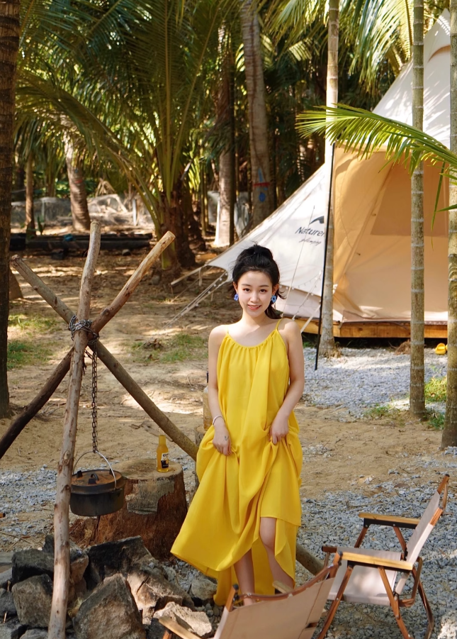 Super fairy yellow suspender dress for the seaside travel wear long skirt backless fairy dress R1570