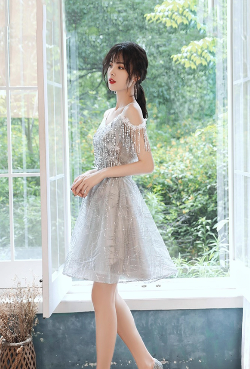 Elegant Sliver A-Line Spaghetti Straps Tassel Corset Mini Prom Dress Homecoming Dress RS442