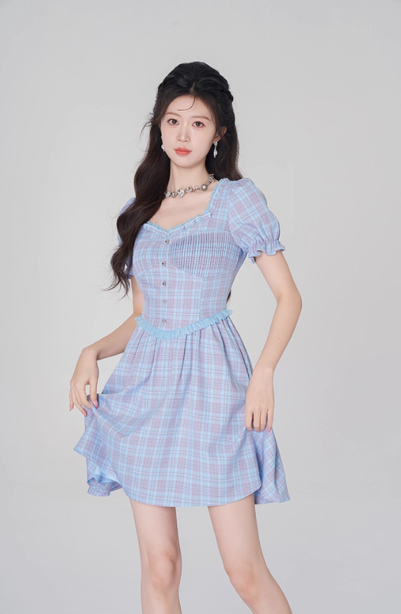 Plaid dress puff sleeves high waist short skirt new style high-end square neck A-line skirt R4496