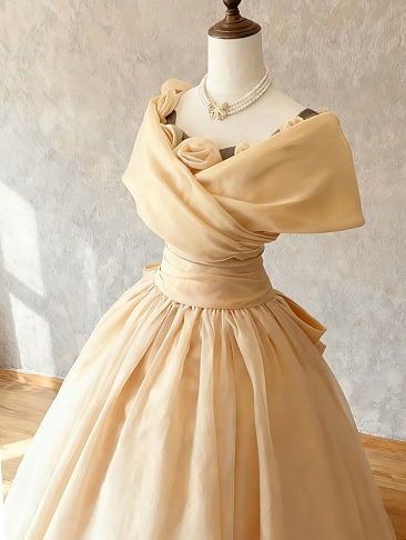 Elegant Pastel Yellow A-Line Flower-Portrait Corset Maxi Prom Dress Evening Dress RS608