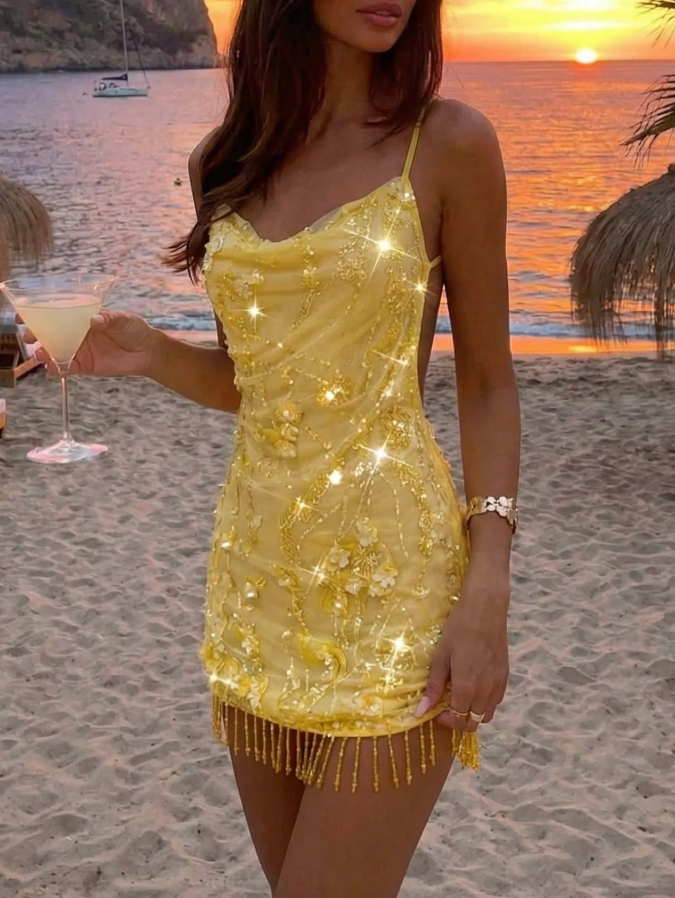 Embroiderd Tassel Decor Women's Homecoming Dress Yellow Corset Short Prom Dress Cocktail Dress RS2493