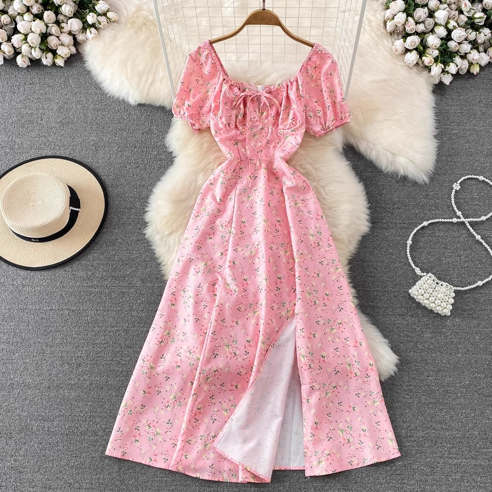 floral puff sleeves lace-up sexy dress women's long dress S3971