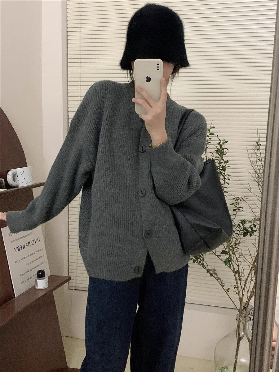 round neck solid color knitted cardigan for women autumn retro soft waxy loose warm sweater jacket S3378