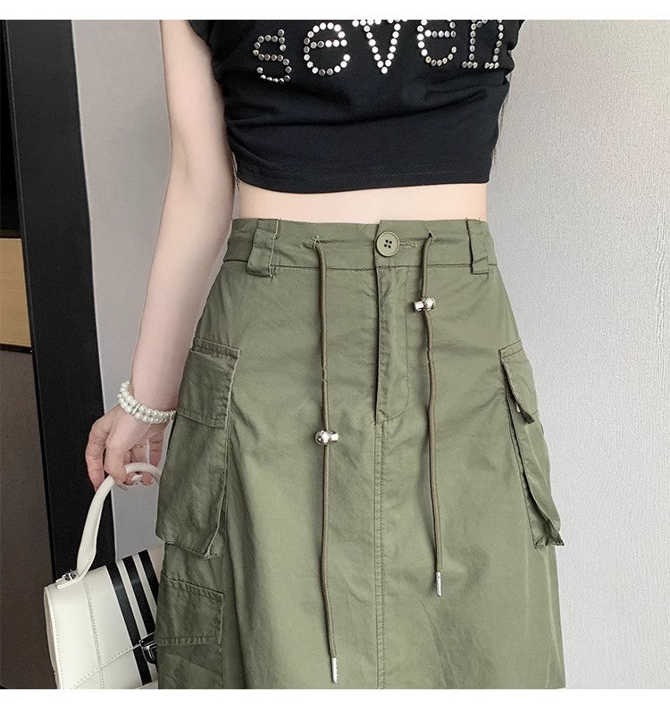 workwear skirt for women summer new mid-length high-waist drawstring a-line long skirt S3416