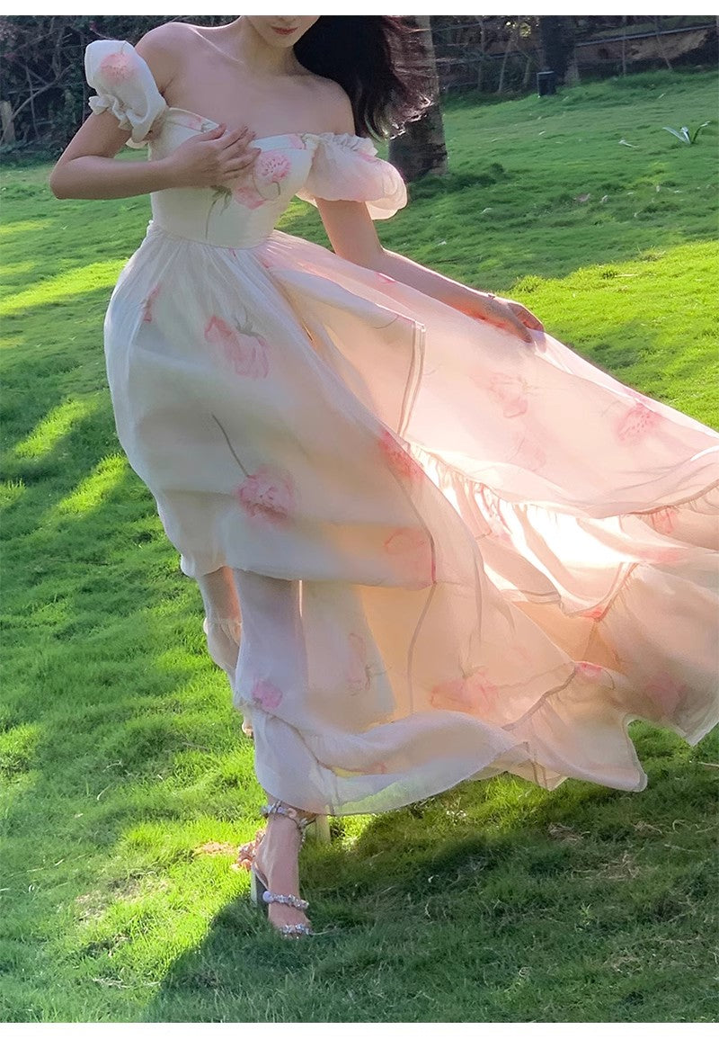 Puff sleeve floral dress women's summer and early autumn long skirt S3428