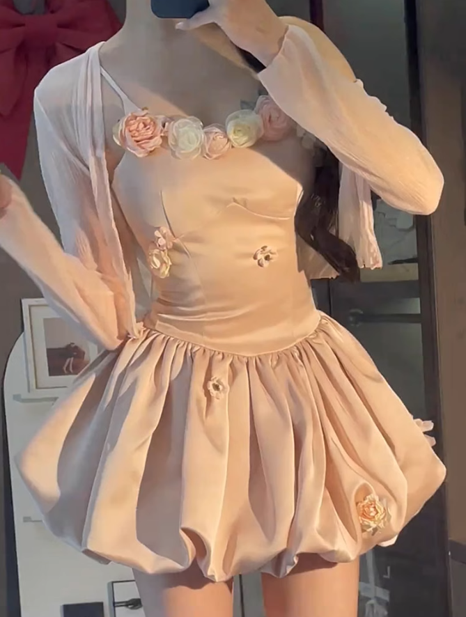 Pure desire style three-dimensional flower sling dress 2025 sweet bud skirt suit R1084